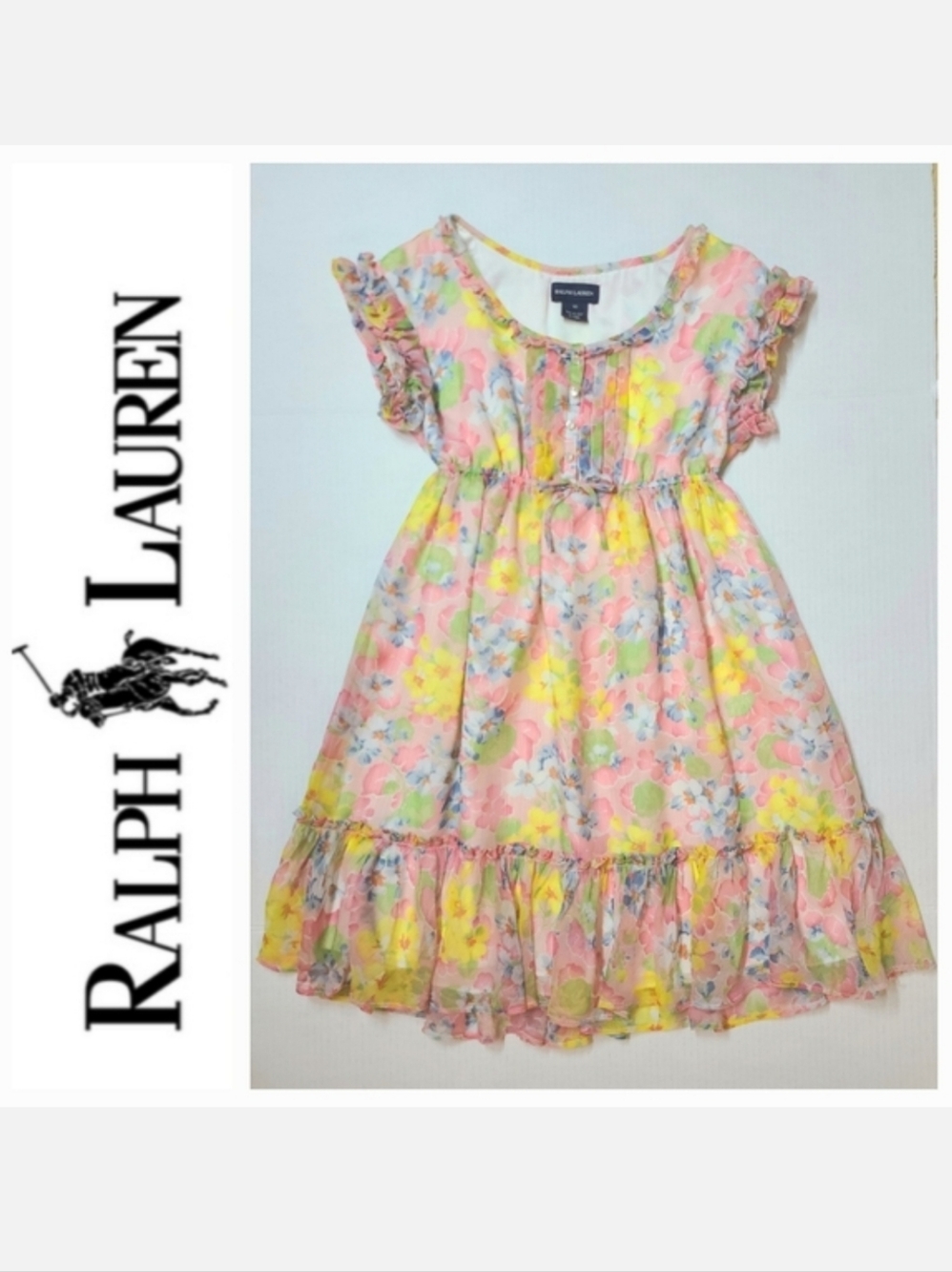 Ralph Lauren Ruffled Chiffon Dress Short Sleeve Pink/yellow Floral Sz 10
